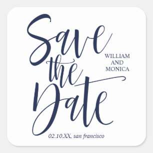 Bold Calligraphy White NAVY Blue modern wedding Square Sticker