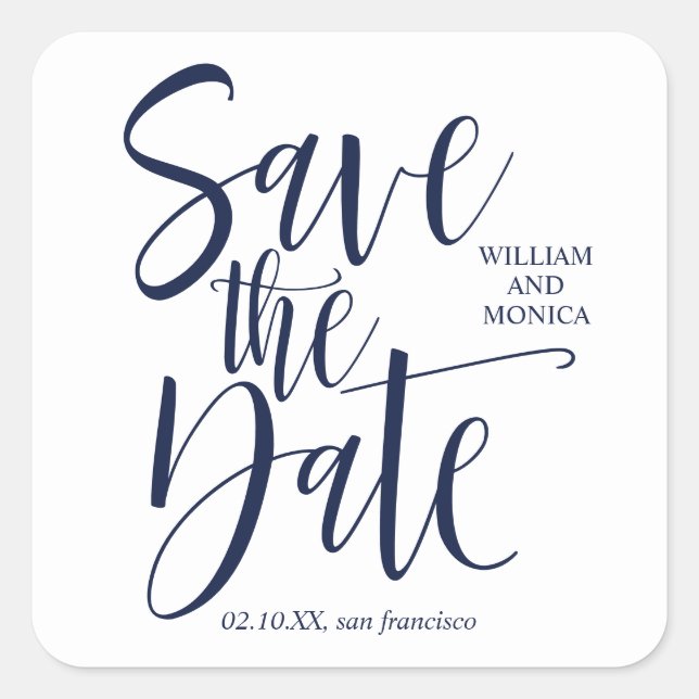 Bold Calligraphy | White NAVY Blue modern wedding Square Sticker (Front)