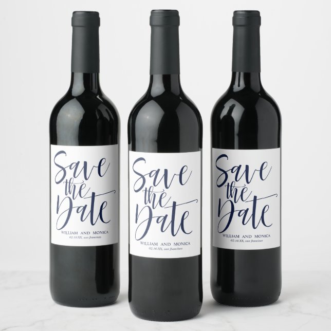 Bold Calligraphy White  navy modern save the date Wine Label (Bottles)