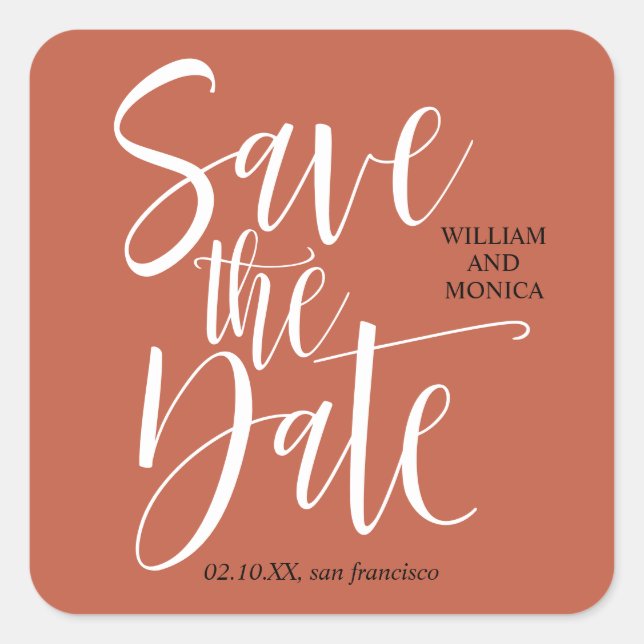 Bold Calligraphy White Rust orange modern wedding Square Sticker (Front)