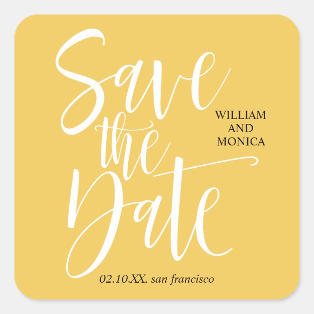 Bold Calligraphy | White Yellow modern wedding Square Sticker (Front)