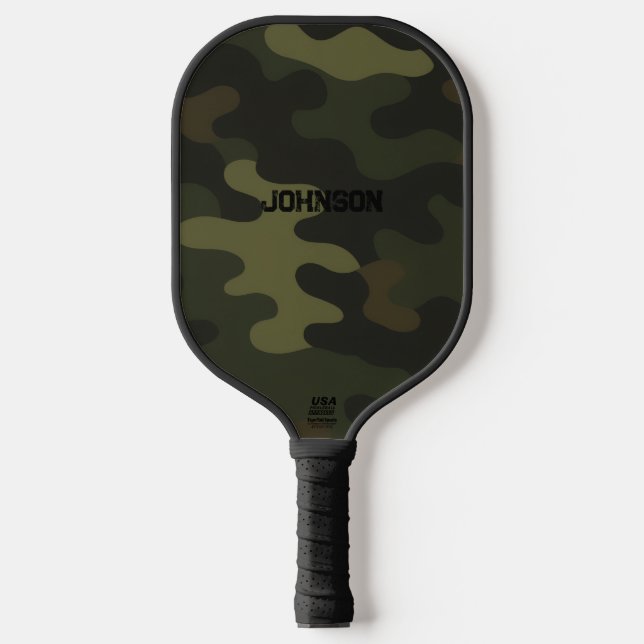 Bold Camo Earthy Greens Browns Customizable Name Pickleball Paddle (Front)
