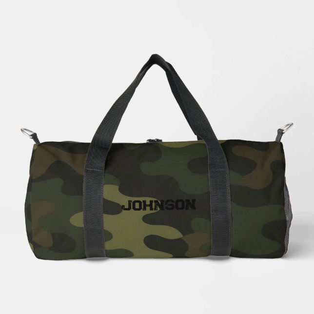 Bold Camo Earthy Greens Browns Personalise Name  Duffle Bag (Front)