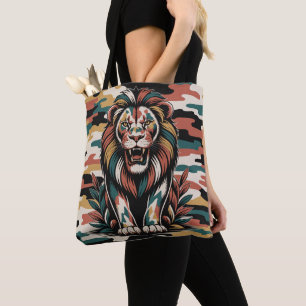 Bold camo lion design tote bag