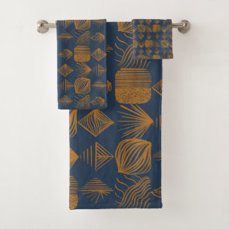 Bold Caribbean Tribal Mudcloth: Navy Blue, Gold Bath Towel Set