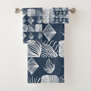 Bold Caribbean Tribal Mudcloth: Navy Blue& White, Bath Towel Set