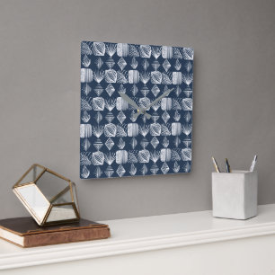 Bold Caribbean Tribal Mudcloth: Navy Blue& White, Square Wall Clock