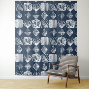 Bold Caribbean Tribal Mudcloth: Navy Blue& White,  Tapestry