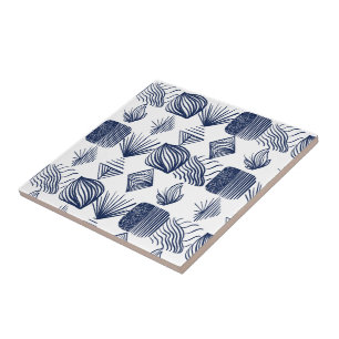 Bold Caribbean Tribal Mudcloth: White, Navy Blue Tile