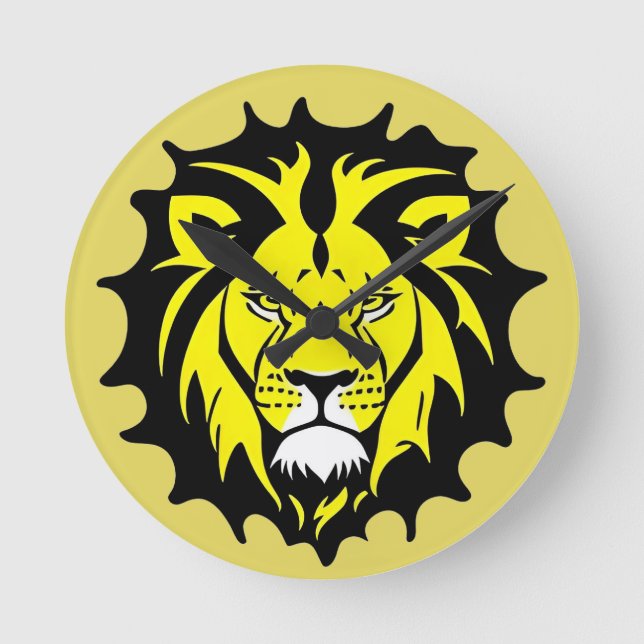 Bold Cartoon Lion Head Illustration Round Clock (Front)