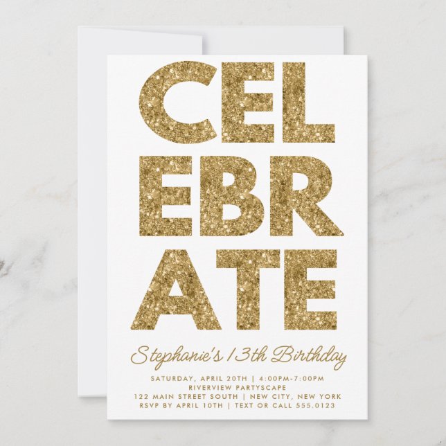 Bold CELEBRATE Gold Glitter Birthday Invitation (Front)