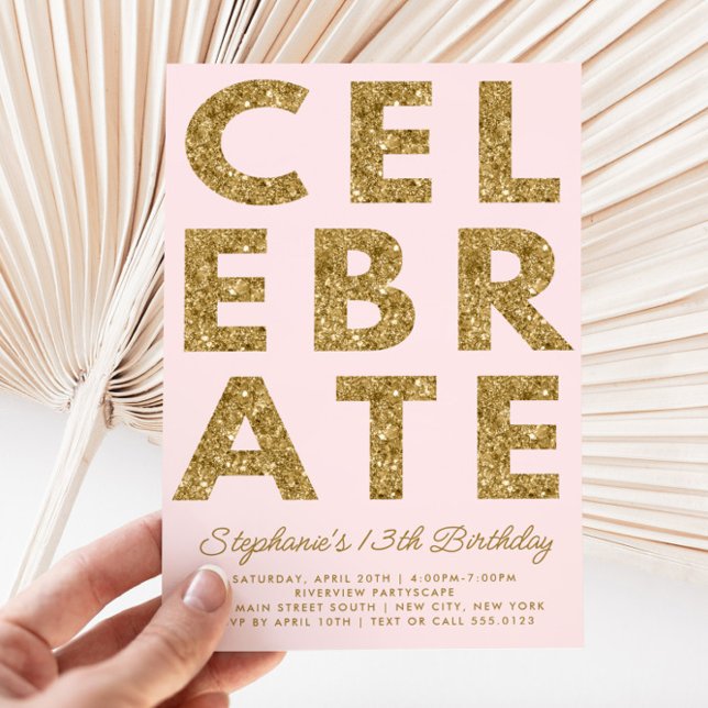 Bold CELEBRATE Gold Glitter Birthday Pink Invitation (Creator Uploaded)