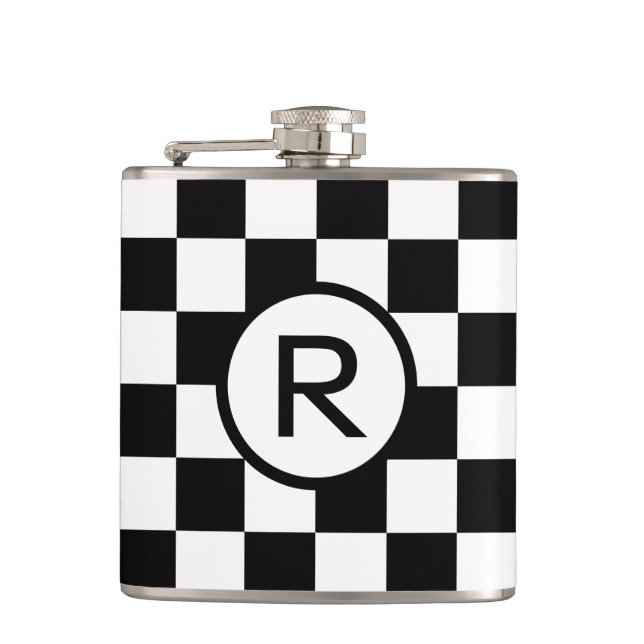 Bold Chequered Black and White with Monogram Hip Flask (Front)