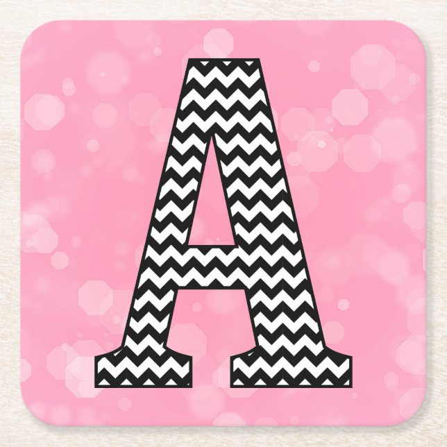 Bold Chevron Letter A on Bubblegum Pink Square Paper Coaster (Front)