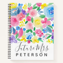 Bold chic girly loose floral watercolor future Mrs Notebook