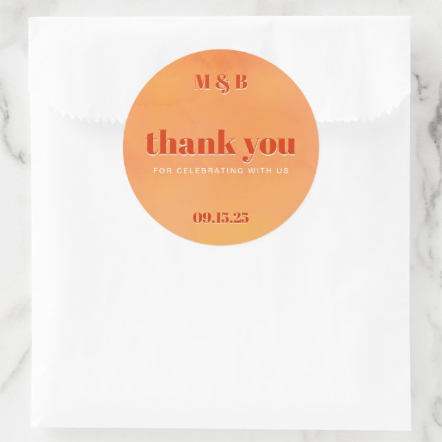 Bold Chic Orange Sunset Monogram Thank You Wedding Classic Round Sticker (Bag)