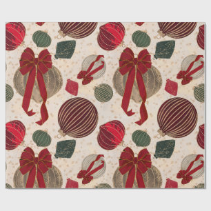 Bold Christmas Baubles & Red Bows on Cream Wrapping Paper