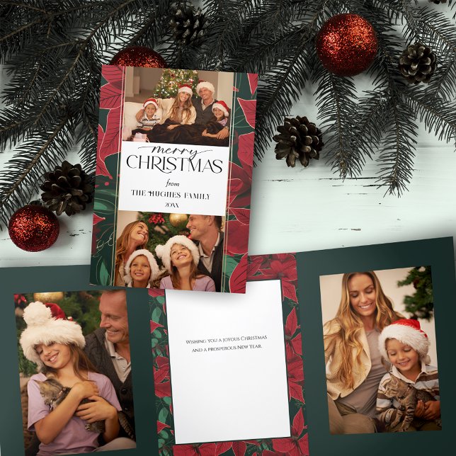 Bold Christmas Poinsettia Botanical 2-Photo Tri-Fold Card (Creator Uploaded)