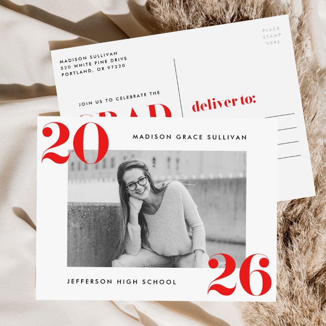 Bold Class of 2025 Red Photo Graduation Party Invitation Postcard (Creator Uploaded)