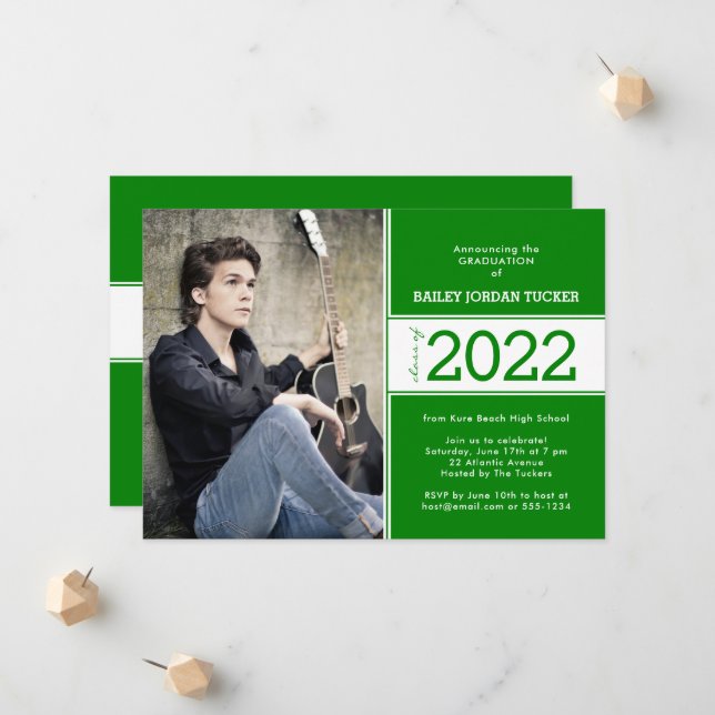 Bold Class Year Deep Green 2-Photo Graduation Announcement (Front/Back In Situ)
