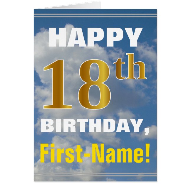 Bold, Cloudy Sky, Faux Gold 18th Birthday + Name (Front)