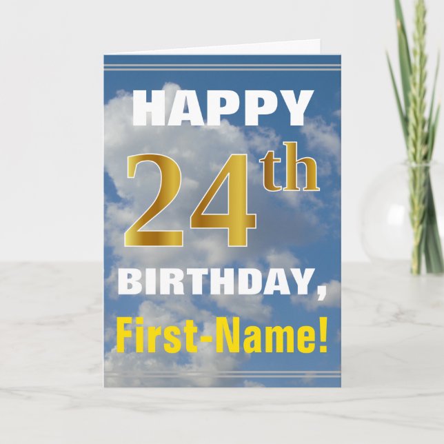 Bold, Cloudy Sky, Faux Gold 24th Birthday + Name Card (Front)
