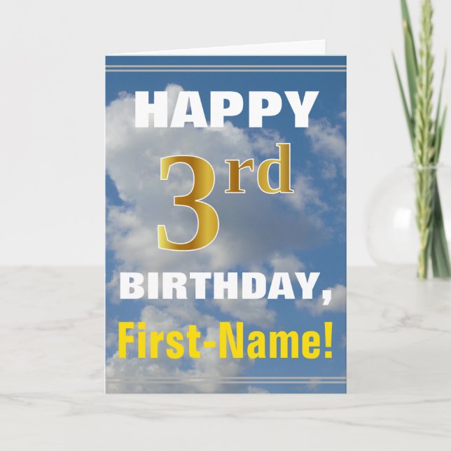 Bold, Cloudy Sky, Faux Gold 3rd Birthday + Name Card (Front)