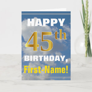 Bold, Cloudy Sky, Faux Gold 45th Birthday + Name Card