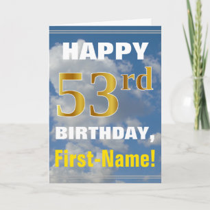Bold, Cloudy Sky, Faux Gold 53rd Birthday + Name Card
