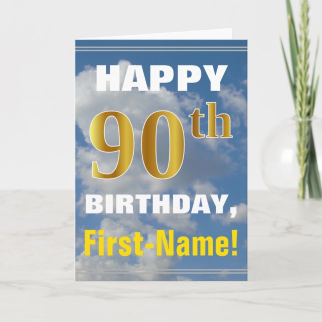 Bold, Cloudy Sky, Faux Gold 90th Birthday + Name Card (Front)