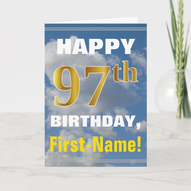 Bold, Cloudy Sky, Faux Gold 97th Birthday + Name Card (Front)