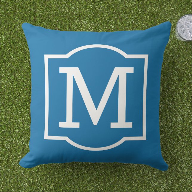 Bold Cobalt Blue White Bracket Monogram Cushion (Grass)
