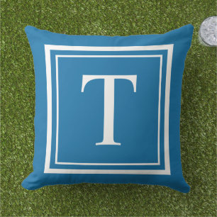 Bold Cobalt Blue White Square Frame Monogram Cushion