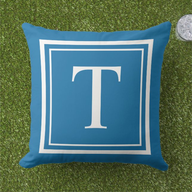 Bold Cobalt Blue White Square Frame Monogram Cushion (Grass)