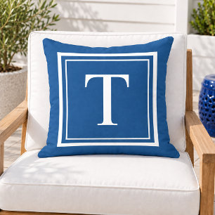 Bold Cobalt Blue White Square Frame Monogram Cushion