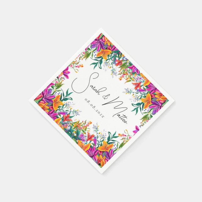 Bold Colorful Floral Summer Chic Pink Wedding Napkin (Corner)