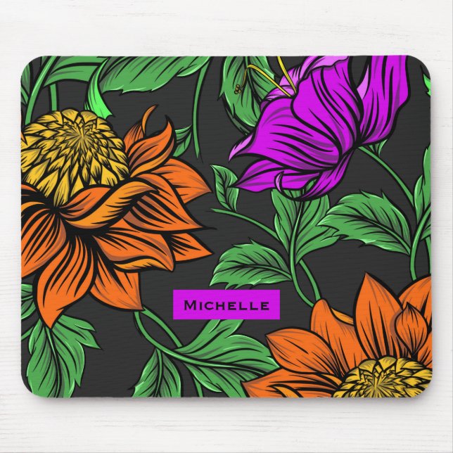 Bold Colorful Flowers on Dark Grey Personalised Mouse Pad (Front)