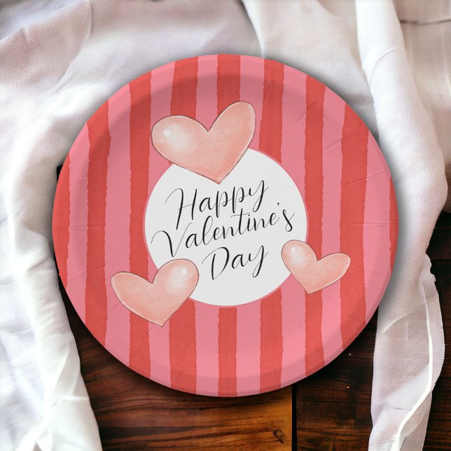 Bold Colorful Stripes and Hearts Valentine's Day Paper Plate (Creator Uploaded)