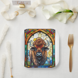 Bold Colors Bison Buffalo Cottagecore Rustic Print Paper Plate