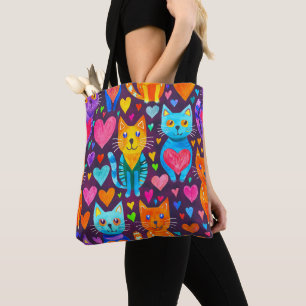 Bold colour kittens and hearts purple pattern tote bag