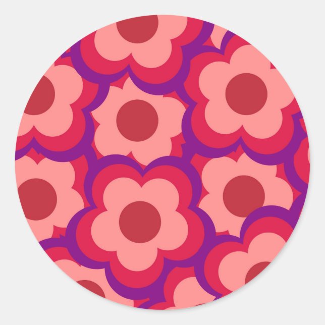 Bold Colour Retro Hippie Flower Pattern Classic Round Sticker (Front)