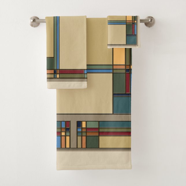 Bold Coloured Arts & Crafts Fall Geometric Bath Towel Set (Insitu)