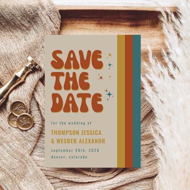 Bold Colourful 70's Retro Script Wedding Save The Date (Creator Uploaded)