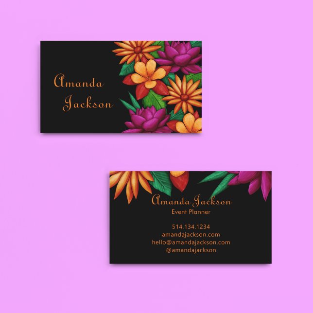 Bold Colourful Blooming Flowers Black orange Business Card (Creator Uploaded)