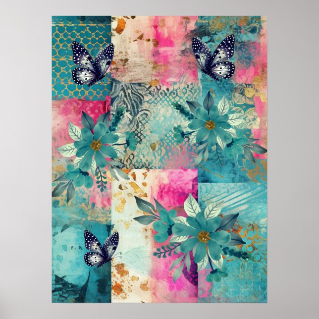 Bold Colourful Boho Floral Butterfly Abstract Art  Poster (Front)