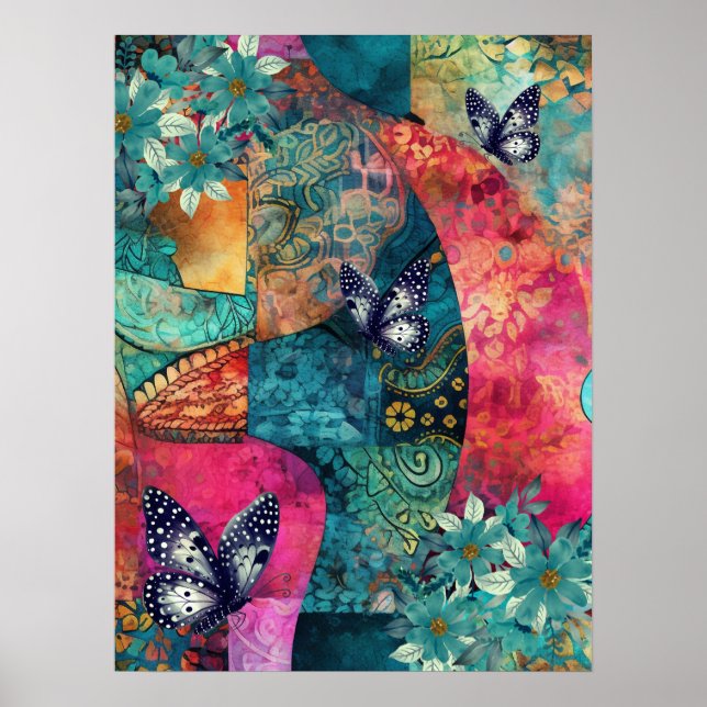Bold Colourful Boho Floral Butterfly Abstract Art  Poster (Front)