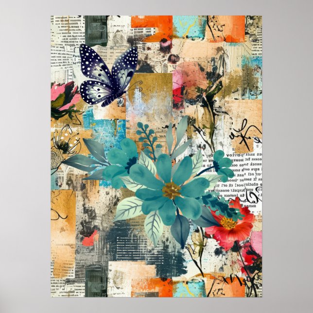 Bold Colourful Boho Floral Butterfly Abstract Art  Poster (Front)