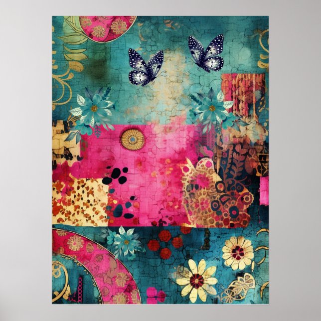 Bold Colourful Boho Floral Butterfly Abstract Art  Poster (Front)