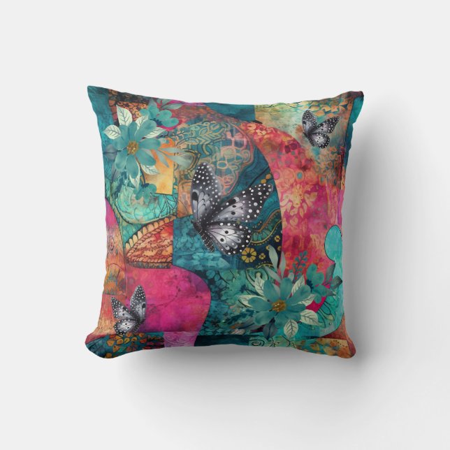 Bold Colourful Boho Floral Patchwork Pattern Cushion (Front)
