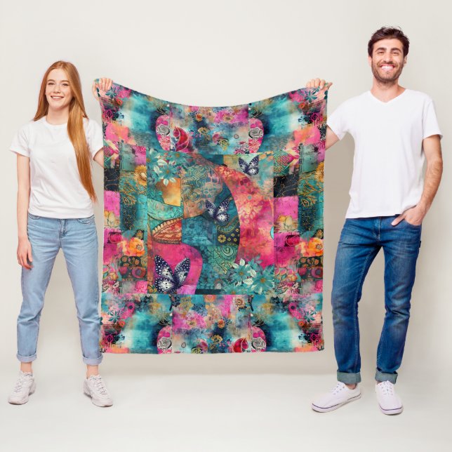 Bold Colourful Boho Floral Patchwork Pattern Fleece Blanket (In Situ)